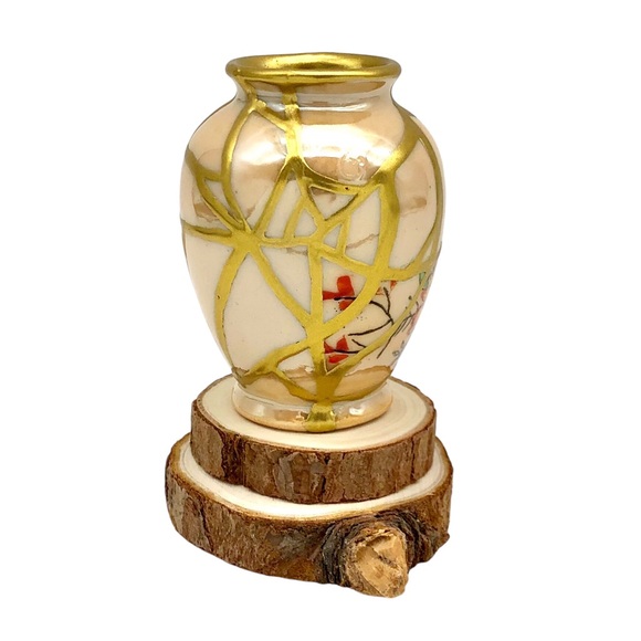 Kintsugi Vase Mini Lusterware Floral Bird Gold Crack Occupied Japan Growth Gift - Picture 6 of 14